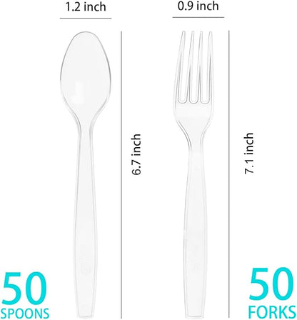 100 Count Plastic Silverware, Heavy Weight Plastic Forks Spoons Disposable Utensils Cutlery Set for Wedding Party Supplies Everyday Use