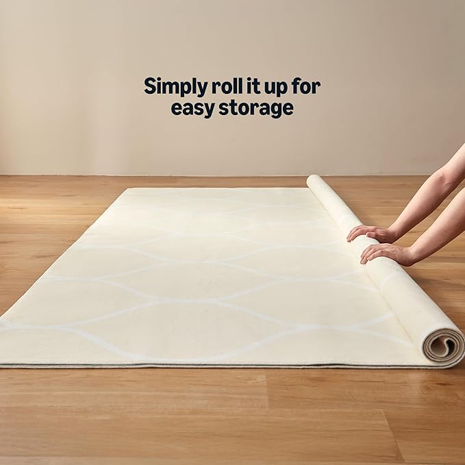 Basics Thin Indoor Area Rug, Geometric Printed Washable Home Decor Carpet for Living Room Bedroom, 6' W × 9' L, Beige Geometric