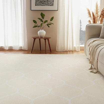Basics Thin Indoor Area Rug, Geometric Printed Washable Home Decor Carpet for Living Room Bedroom, 6' W × 9' L, Beige Geometric