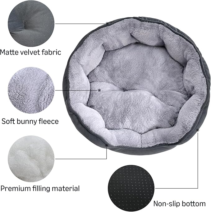 Basics Round Dog Bed for Medium Dogs, Cat Beds for Indoor Cats, Washable Pet Bed with Soft Plush Cushion, Anti-Slip Bottom, 25x21x8 Inches, Gray