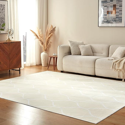 Basics Thin Indoor Area Rug, Geometric Printed Washable Home Decor Carpet for Living Room Bedroom, 6' W × 9' L, Beige Geometric